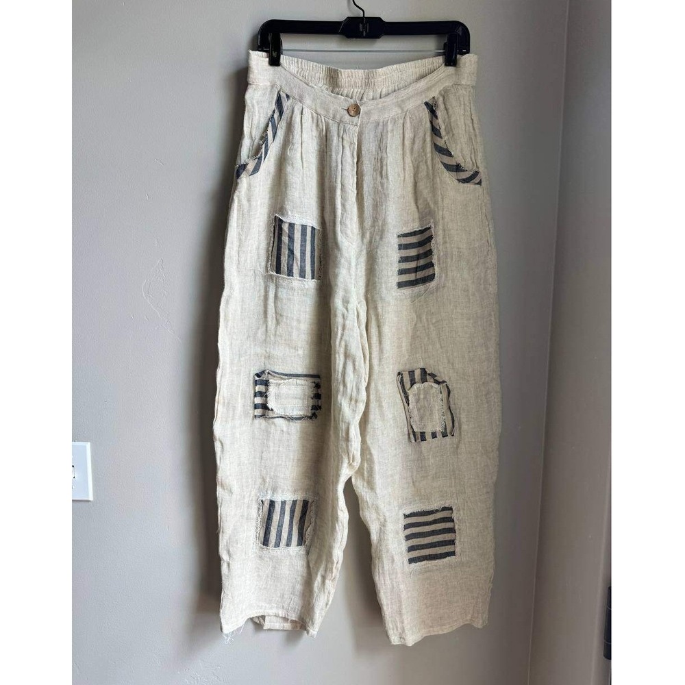Paper Lace Cream Linen Patchwork Wide Leg Pants XL Cottagecore Boho Resortwear